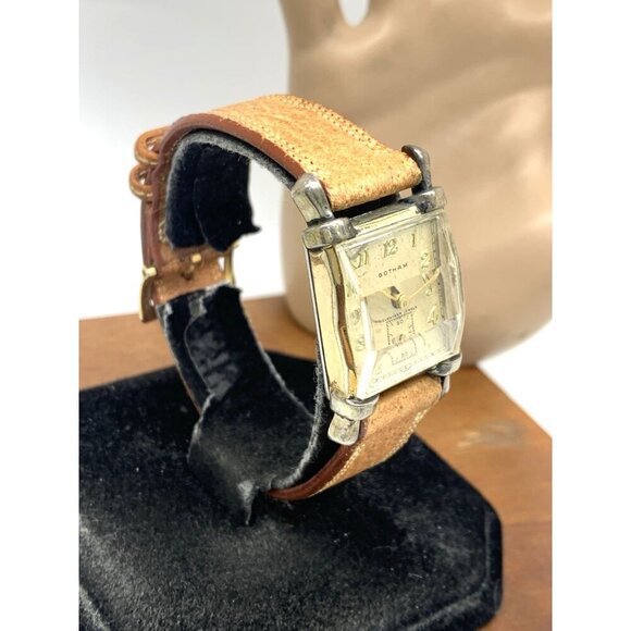 Gotham Suku Watch Swiss Mechanical Tank Vintage Gold Brown Leather Band 22mm main image 6